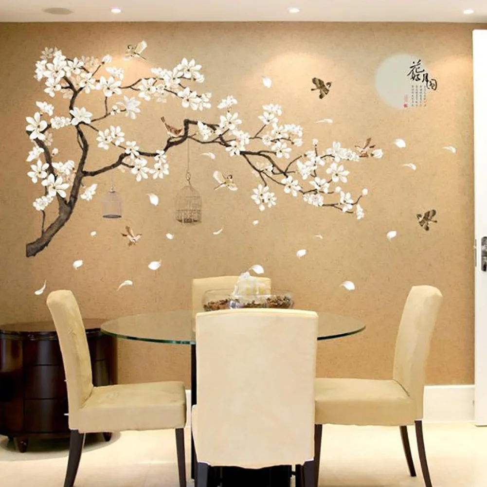 Kineski Stil Oznaka Na zid Bijeli Cvijet Cvijeće i Leteće Ptice DIY Cvijet Stablo Zid Art Dekor Zidne Naljepnice za ured kod Kuće