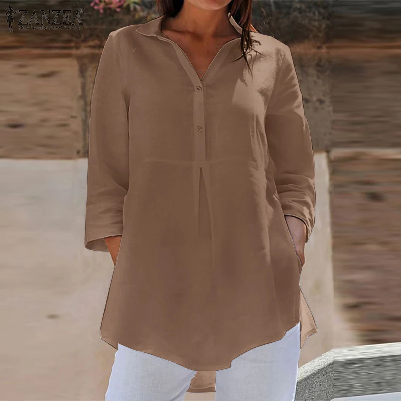 ZANZEA Moderan bluza Elegantna košulja s igle i cutaway 3/4 rukavima Ženska Svakodnevni Slobodna bluza Ženska monotono ženska košulja na zakopčane Vrhovima prevelike