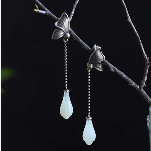 Prirodni Хетиан Bijeli Cvijet Magnolije Leptir Naušnice s кисточками u kineskom stilu Retro Jednostavan Luksuzni Šarm Ženski srebrni nakit