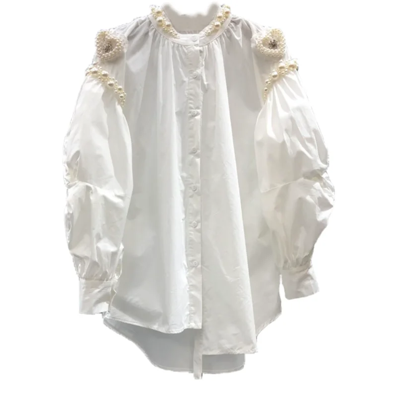 Ljubav Biserne perle Košulja za žene s rukava-svjetiljku Bijele bluze Femme 2022 Proljeće i Jesen Novi dizajn dugi rukav, Bijeli Top Blusas